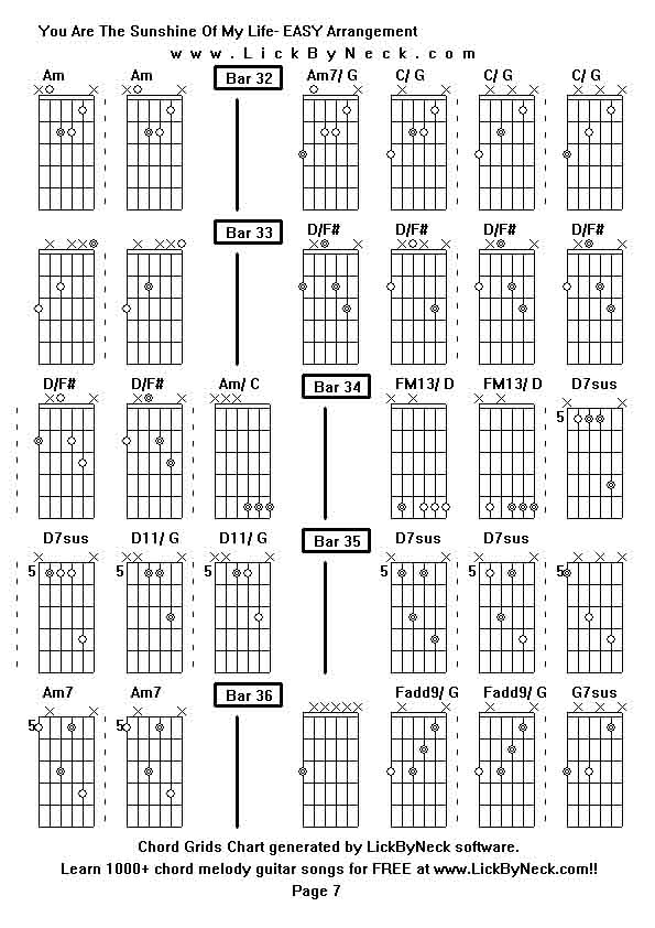 Chord Grids Chart of chord melody fingerstyle guitar song-You Are The Sunshine Of My Life- EASY Arrangement,generated by LickByNeck software.